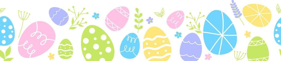 Easter eggs composition hand drawn black on white background. Decorative horizontal stripe from eggs with doodle leaves. vector