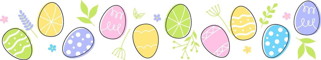 Easter eggs composition hand drawn black on white background. Decorative horizontal stripe from eggs with doodle leaves. vector