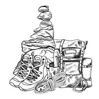 Hiking gear composition with balancing stones. Backpack, rope, boots, steel carabiner. For advertising tours, tools. web, flyers, packaging, cards. vector