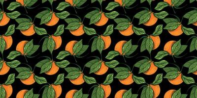 Citrus summer seamless pattern, orange on branches with leaves. Mandarin Fruits background. Tropical fabric, textile design with tangerine vector