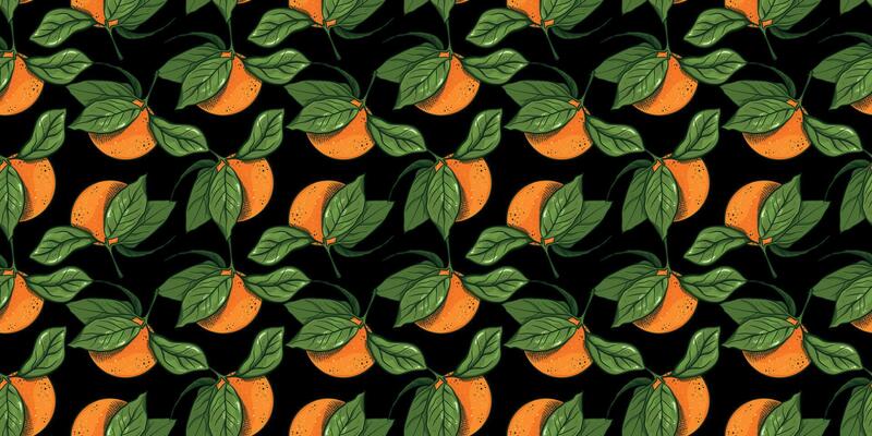 Citrus summer seamless pattern, orange on branches with leaves. Mandarin Fruits background. Tropical fabric, textile design with tangerine