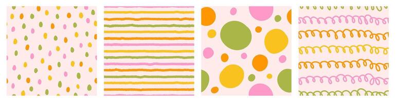 Colorful seamless pattern set of hand drawn curved lines, spirals, dots and texture strip. Trendy design with abstract shapes, simple and playful doodle wallpaper print vector