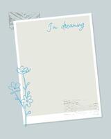 Blank I'm Dreaming in vintage scrapbooking style, with a sakura branch and grunge stamp prints. Collage. vector