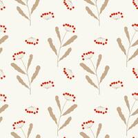 Autumn vibe, twigs with red berry, botanical pattern on pastel beige background. vector