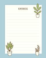 Reminders blank, vintage collage blue background with plants. For notes, planner, to do list. Scrapbooking. vector