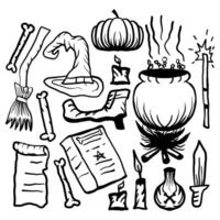 Set of hand drawn doodles of witch tools vector