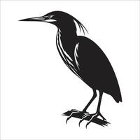 Black Silhouette of Bittern Bird with Sharp Beak and Long Legs Perched on a Branch Isolated on White Background vector