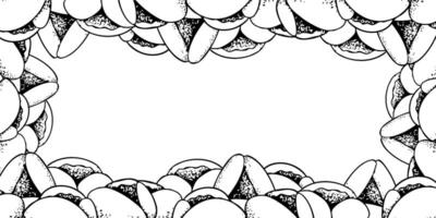 Line Purim cookies black and white horizontal frame. Simple sketch illustration for banners, cards and coloring. Jewish triangle pastry Oznei Haman or Hamantaschen for holiday templates design vector