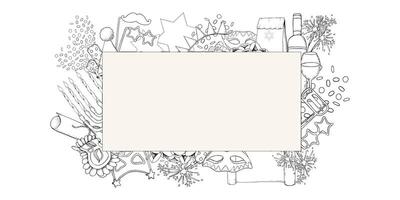 Purim carnival symbols horizontal banner. Black and white line illustration for Jewish holiday with Torah megillah scroll, mask, menorah, raashan and cookies for coloring and greeting frames vector