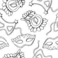 Venetian masks line seamless pattern in black and white with masquerade masks for Mardi Gras and Purim carnivals. Ink illustration for coloring vector