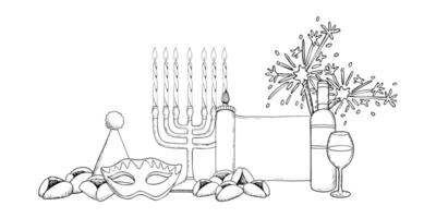 Horizontal Purim symbols banner illustration with Esther scroll, Jewish menorah, cookies, wine and masks. Black and white line sketch for coloring vector