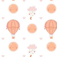 Pattern for children with a cute sun, a balloon in the sky, clouds and hearts on a white background vector
