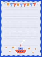 Nautical theme notebook page template with cute ship for boys vector