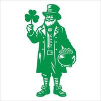 Cute Leprechaun Holding Clover Leaf. Cartoon Lucky Elf Dwarf Bearded Small Man Graphic Design Icons Isolated On White Background vector