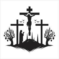 Jesus on the cross with candles and trees vector