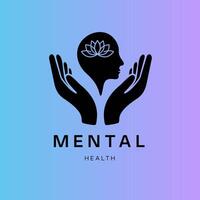 A symbolic illustration of two hands gently cradling a human head with a stylized brain inside, signifying care, support, and the importance of mental health. vector