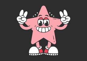 Mascot character of a standing star with hands forming a peace symbol in pink color vector