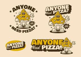 Anyone need pizza. Mascot character of pizza slice in retro vintage style in 3 version vector