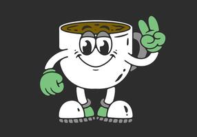 Character mascot of a coffee mug with hands forming a peace symbol. In dark background vector