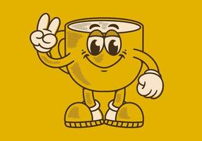 Character mascot of a coffee mug with hands forming a peace symbol in retro yellow background vector