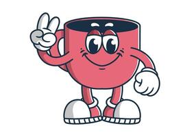 Character mascot of a coffee mug with hands forming a peace symbol in isolated white background vector