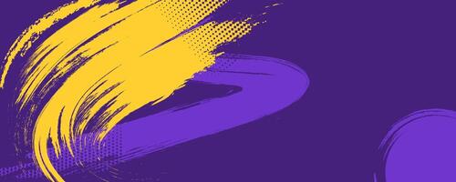 Brush stroke yellow and purple abstract sports background with grunge texture, and halftone effect vector