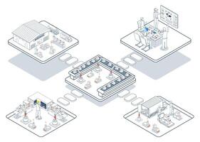 3D Isometric logistics supply chain integrates fleet management, warehousing, and planning systems, utilizing AGVs and AMRs for automated warehouse operations. vector