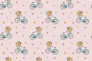 Spring seamless pattern with bicycle and wild flowers in basket. illustration vector