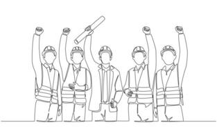 Continuous one line drawing of project engineer celebrating with construction team, celebration of construction team concept, single line art vector