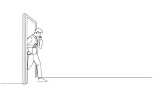 Continuous one line drawing of dismissed employee walking out of office door with box of belongings, being laid off from work concept, single line art vector