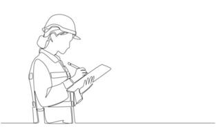 Continuous one line drawing of female shipping worker checking cargo of container, international logistics and shipping concept, single line art vector