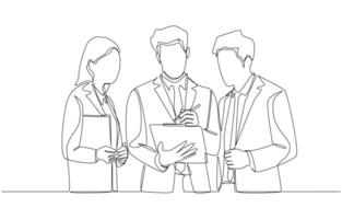 Continuous one line drawing of project manager explaining job details to office workers, work discussion at office concept, single line art vector
