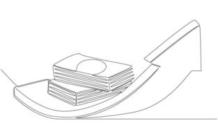 Continuous one line drawing of banknotes heap on rising arrow, financial success and growth concept, single line art vector
