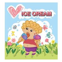 Boy with ice creams and heart logo in meadow. vector