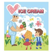 Vendor with heart logo giving ice cream to kids in meadow. vector