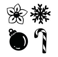 black and white silhouette new year set of simple elements toy, lollipop snowflake, hands vector