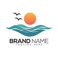 Abstract Ocean Waves with Sun and Bird Beach Icon or Logo Design Template vector