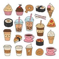 Pizza and Ice Cream with Kawaii Style Cupcakes and Coffee Cups vector