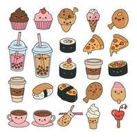 Pizza and Ice Cream with Cute Fast Food and Dessert Illustrations vector
