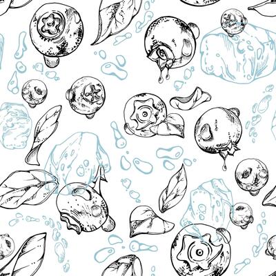 Blueberry blackberry flying in water splashes drops, hand drawn in ink , ripe sketch forest berry and leaves. Isolated seamless pattern illustration. Dessert cafe menu, farmers market, wedding