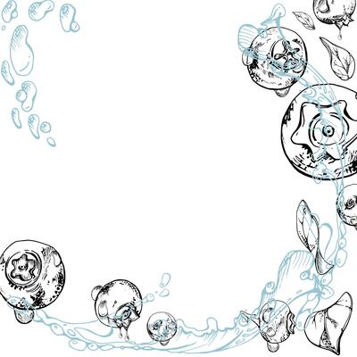 Blueberry blackberry flying in water splash with drops and plant leaves, hand drawn in ink , ripe summer forest berry. Isolated border frame illustration. Restaurant, cafe menu, farmers market