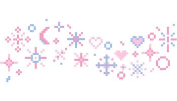 Pixel star sparkle cute retro 8 bit sparkle wave seamless border. Shiny pink game pixel art effect decoration. Firework burst, arrow, space decoration. 90s aesthetics, y2k vector