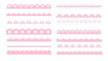 Scalloped pink border simple cute divider with heart and dots ornament edge cutout decoration isolated on white background. vector