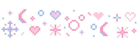 Pixel star sparkle cute retro 8 bit sparkle seamless border. Shiny pink game pixel art effect decoration. Firework burst, arrow, space decoration. 90s aesthetics, y2k vector