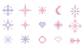 Pixel star sparkle cute retro 8 bit sparkle set. Shiny pink game pixel art effect set. Firework burst, arrow, space decoration. 90s aesthetics, y2k vector
