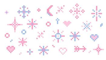 Pixel star sparkle cute retro 8 bit sparkle set. Shiny pink game pixel art effect set. Firework burst, arrow, space decoration. 90s aesthetics, y2k vector