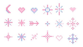 Pixel star sparkle cute retro 8 bit sparkle set. Shiny pink game pixel art effect set. Firework burst, arrow, space decoration. 90s aesthetics, y2k vector