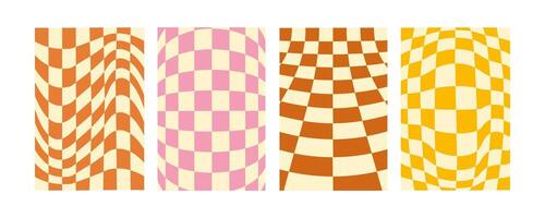 Retro Groovy distorted checkered background set. Hand drawn groovy backgrounds. Distorted checker, warped streaks, fluid liquid wavy lines, doodle waves. Checkered rectangle templates collection. vector