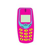Classic 80s 90s pink mobile phone in modern style flat, line style. Hand drawn . Fashion patch, badge, emblem. vector