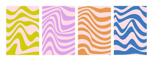 Groovy wave stripe set. Hand drawn groovy, hippie backgrounds. Distorted vertical stripes, warped streaks, fluid liquid wavy lines, doodle waves. Striped rectangle templates collection. vector